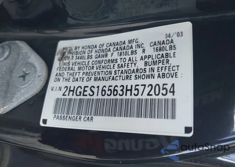 2003 Honda Civic Lx z USA, uszkodzony, nr VIN 2HGES16563H572054